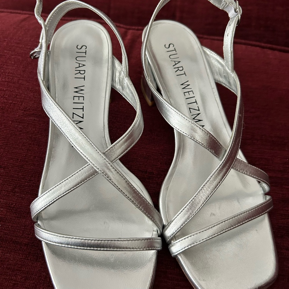 Stuart Weitzman Metallic Silver strappy Sandals with block heels size 7